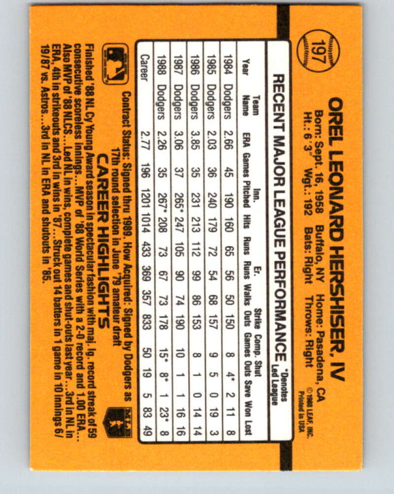 1989 Donruss #197 Orel Hershiser Mint Los Angeles Dodgers Image 2