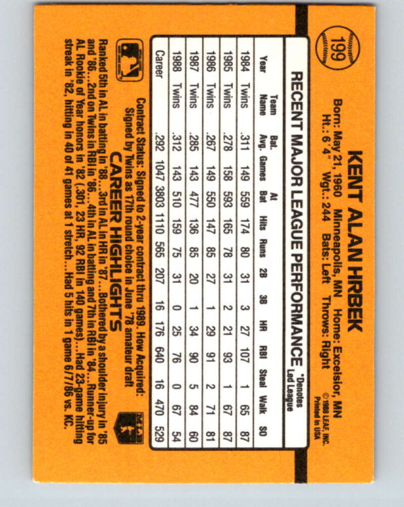 1989 Donruss #199 Kent Hrbek Mint Minnesota Twins Image 2