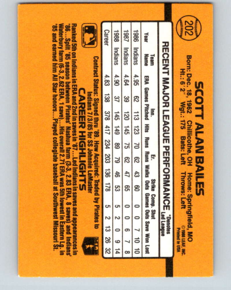 1989 Donruss #202 Scott Bailes Mint Cleveland Indians Image 2
