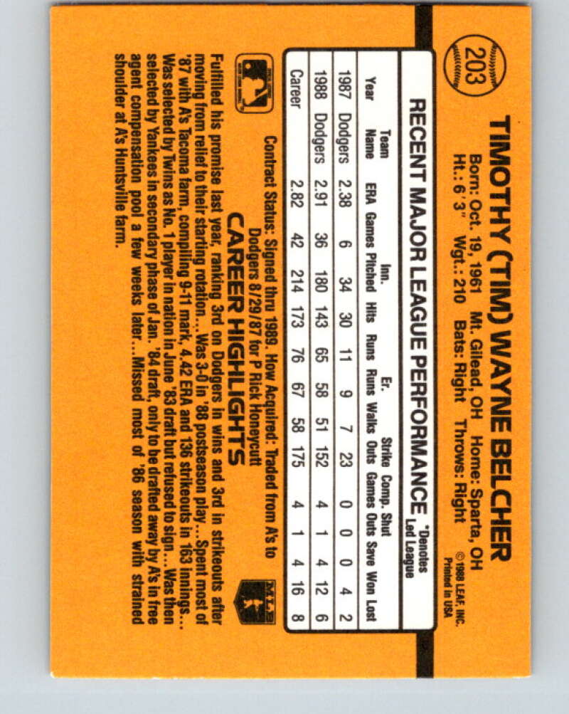 1989 Donruss #203 Tim Belcher Mint Los Angeles Dodgers Image 2