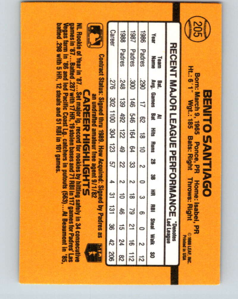 1989 Donruss #205 Benito Santiago Mint San Diego Padres Image 2