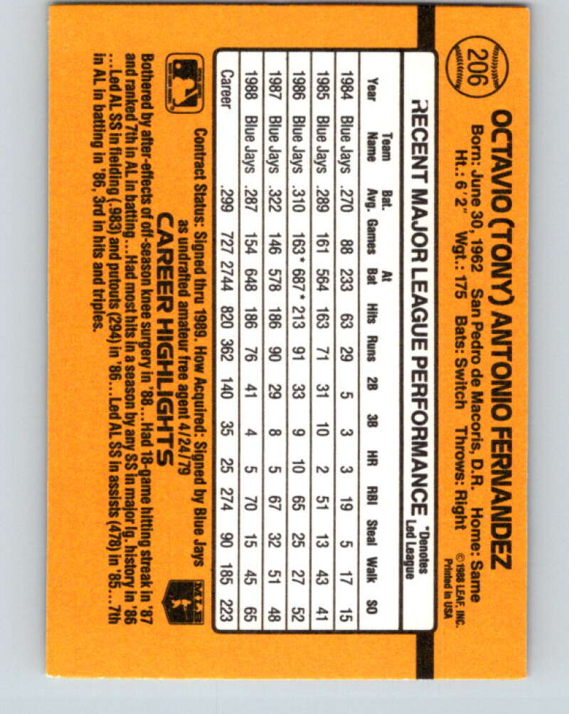 1989 Donruss #206 Tony Fernandez Mint Toronto Blue Jays