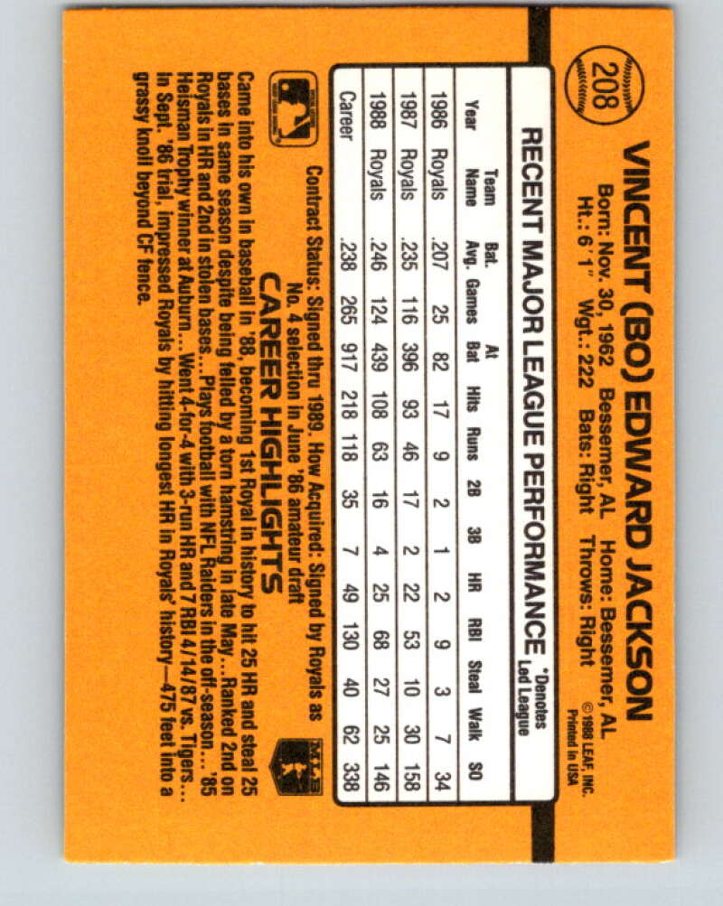 1989 Donruss #208 Bo Jackson Mint Kansas City Royals