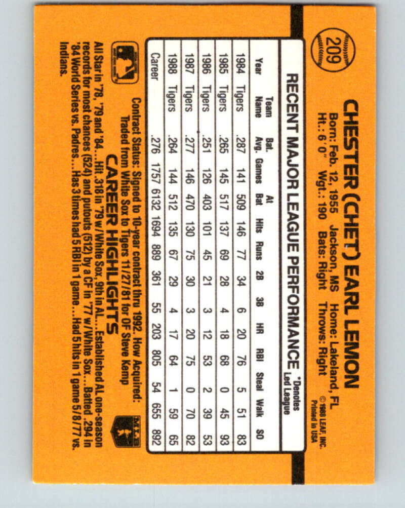 1989 Donruss #209 Chet Lemon Mint Detroit Tigers Image 2