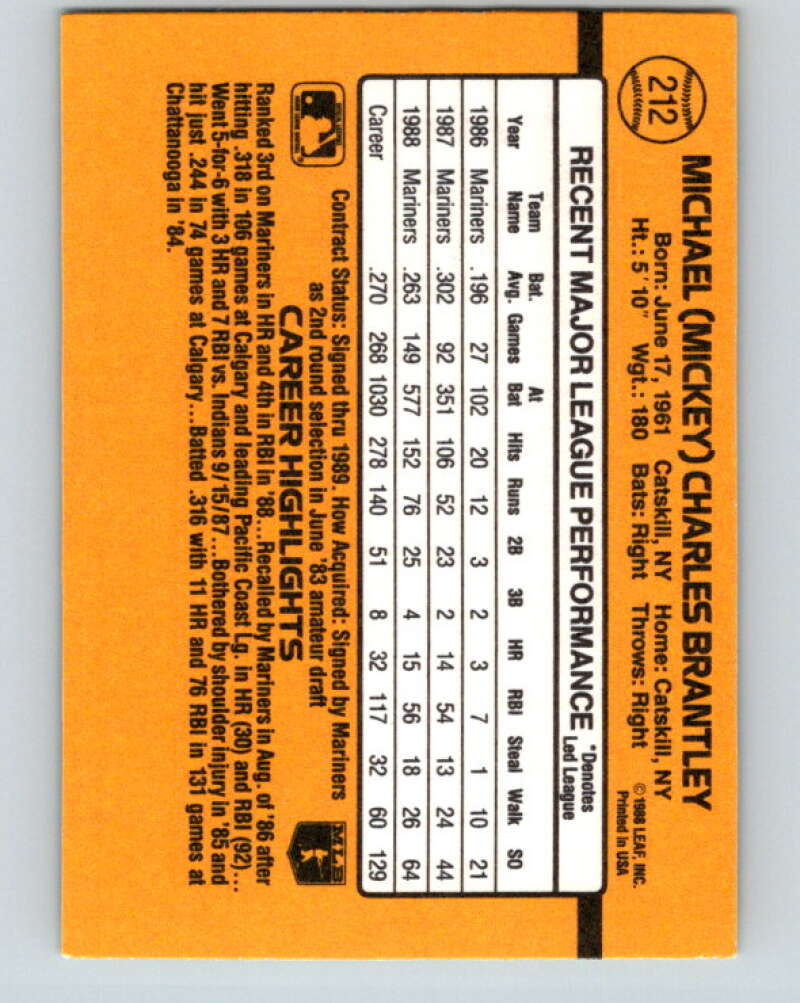 1989 Donruss #212 Mickey Brantley UER Mint Seattle Mariners Image 2