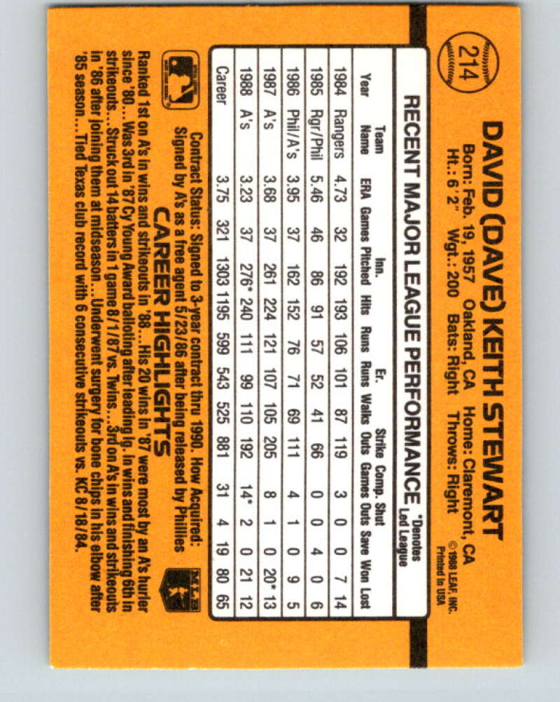 1989 Donruss #214 Dave Stewart Mint Oakland Athletics Image 2