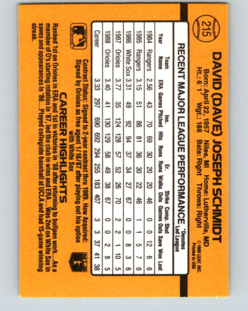1989 Donruss #215 Dave Schmidt Mint Baltimore Orioles Image 2