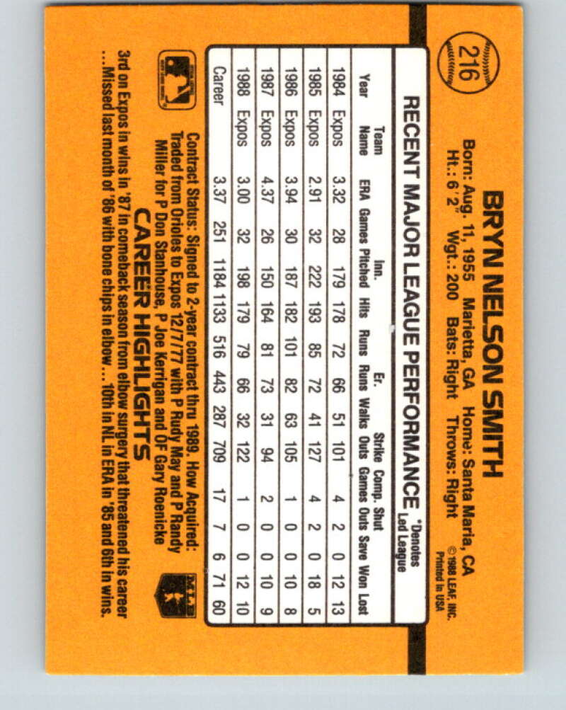 1989 Donruss #216 Bryn Smith Mint Montreal Expos Image 2
