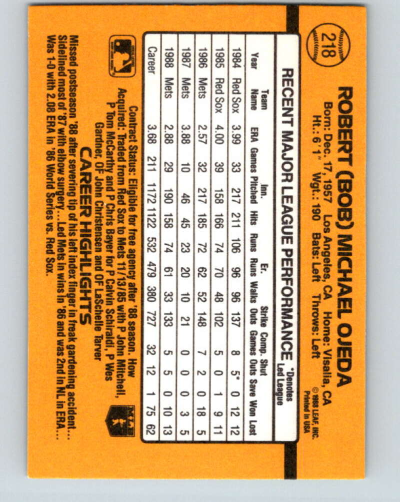 1989 Donruss #218 Bob Ojeda Mint New York Mets