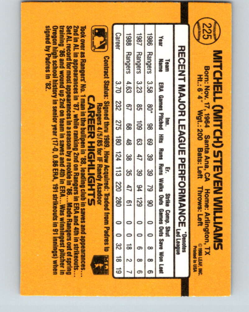 1989 Donruss #225 Mitch Williams Mint Texas Rangers Image 2