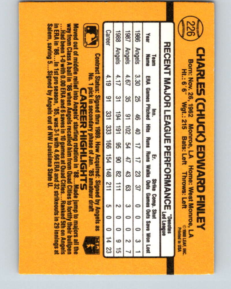 1989 Donruss #226 Chuck Finley Mint California Angels Image 2