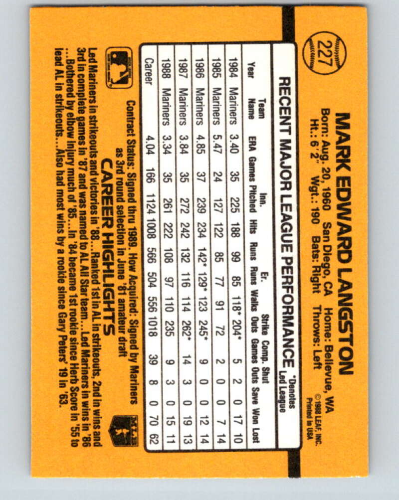 1989 Donruss #227 Mark Langston Mint Seattle Mariners Image 2