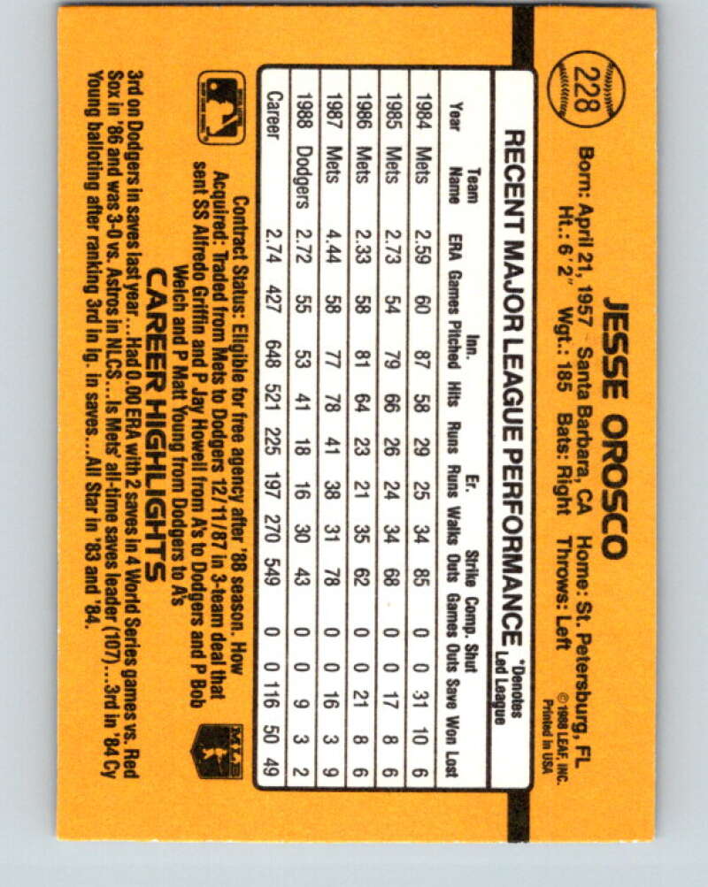 1989 Donruss #228 Jesse Orosco Mint Los Angeles Dodgers Image 2