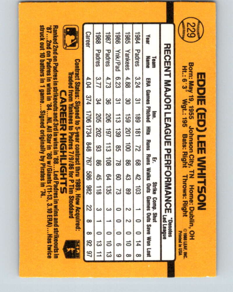 1989 Donruss #229 Ed Whitson Mint San Diego Padres Image 2