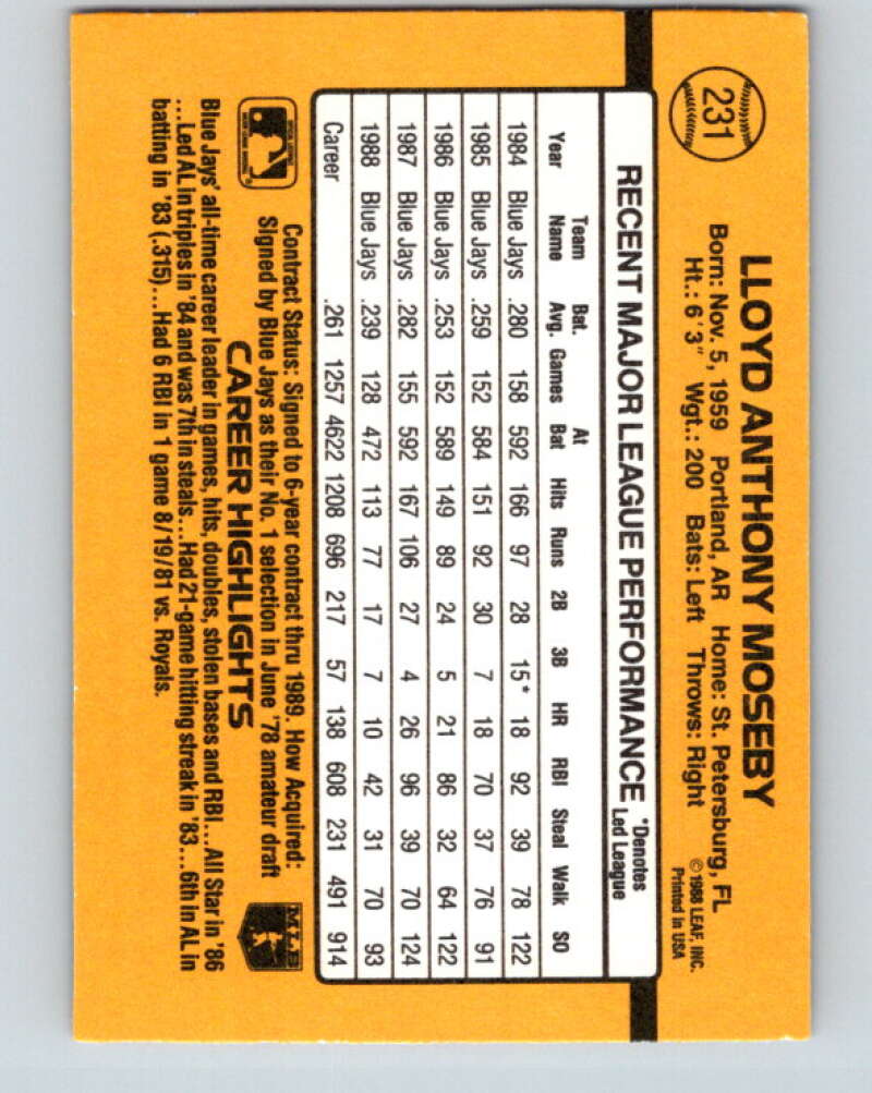 1989 Donruss #231 Lloyd Moseby Mint Toronto Blue Jays Image 2