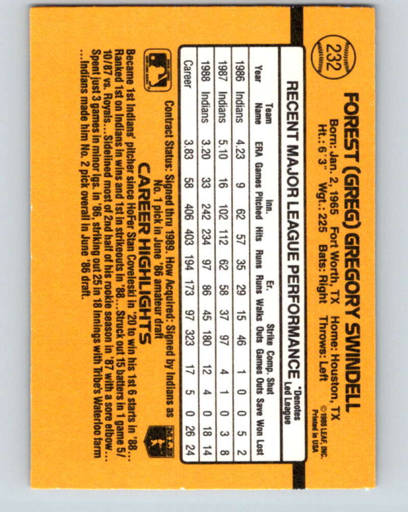 1989 Donruss #232 Greg Swindell Mint Cleveland Indians Image 2