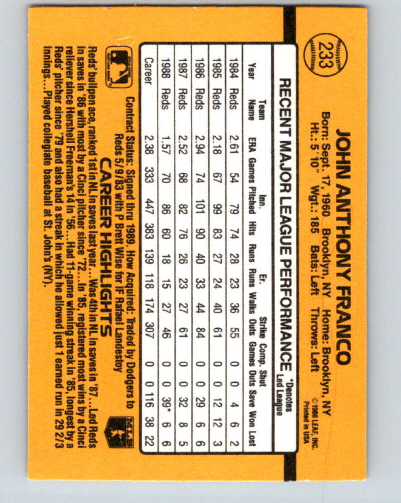 1989 Donruss #233 John Franco Mint Cincinnati Reds Image 2