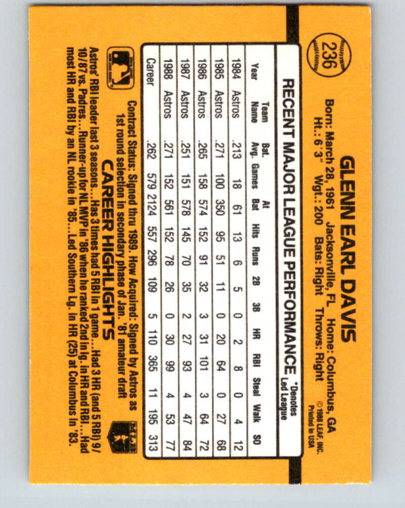 1989 Donruss #236 Glenn Davis Mint Houston Astros Image 2
