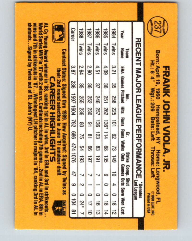 1989 Donruss #237 Frank Viola Mint Minnesota Twins Image 2