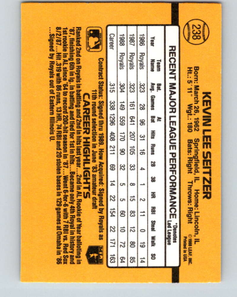 1989 Donruss #238 Kevin Seitzer Mint Kansas City Royals Image 2