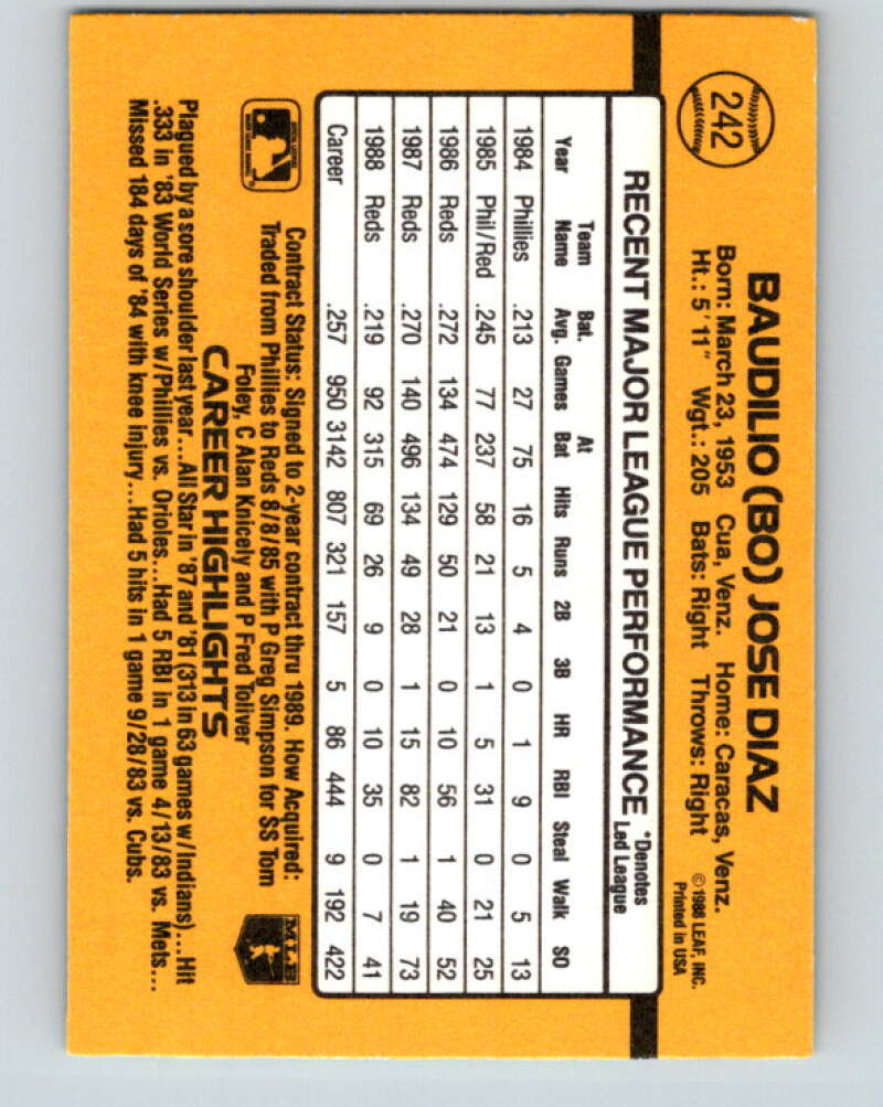 1989 Donruss #242 Bo Diaz Mint Cincinnati Reds Image 2