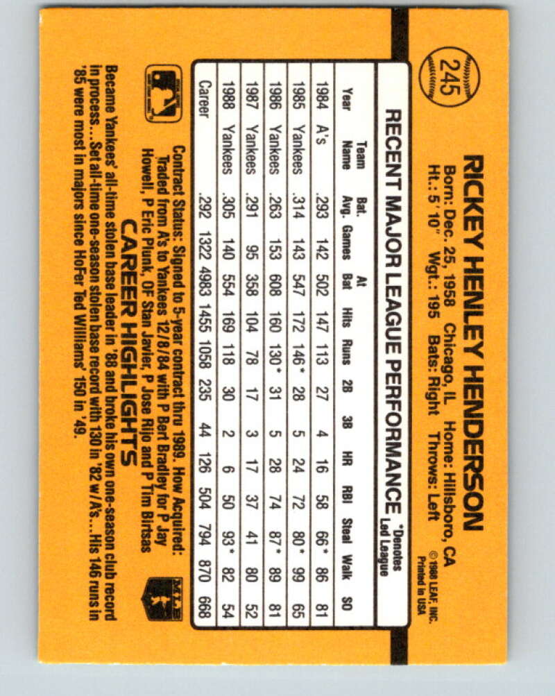 1989 Donruss #245 Rickey Henderson Mint New York Yankees Image 2