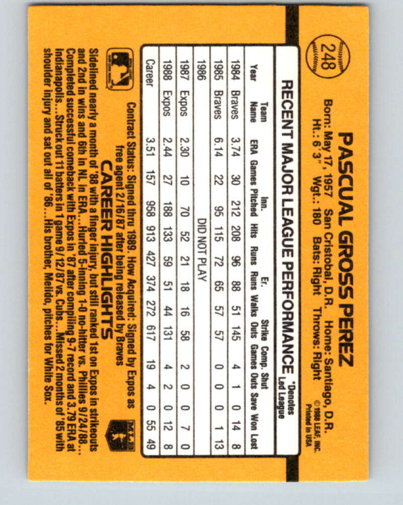 1989 Donruss #248 Pascual Perez Mint Montreal Expos Image 2