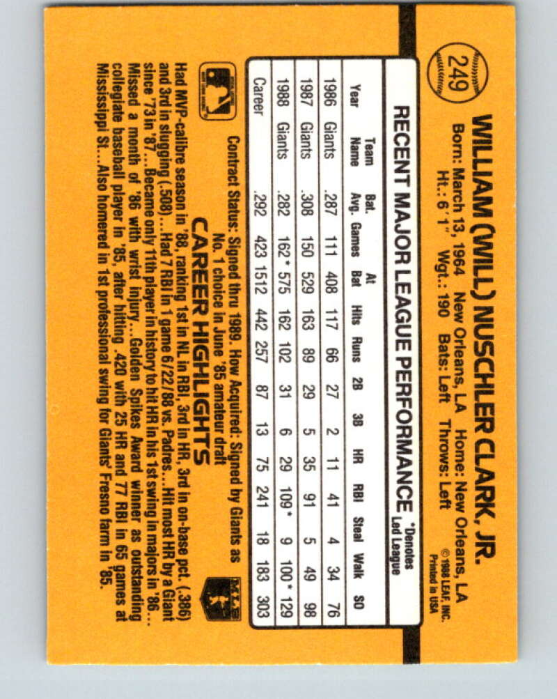 1989 Donruss #249 Will Clark Mint San Francisco Giants