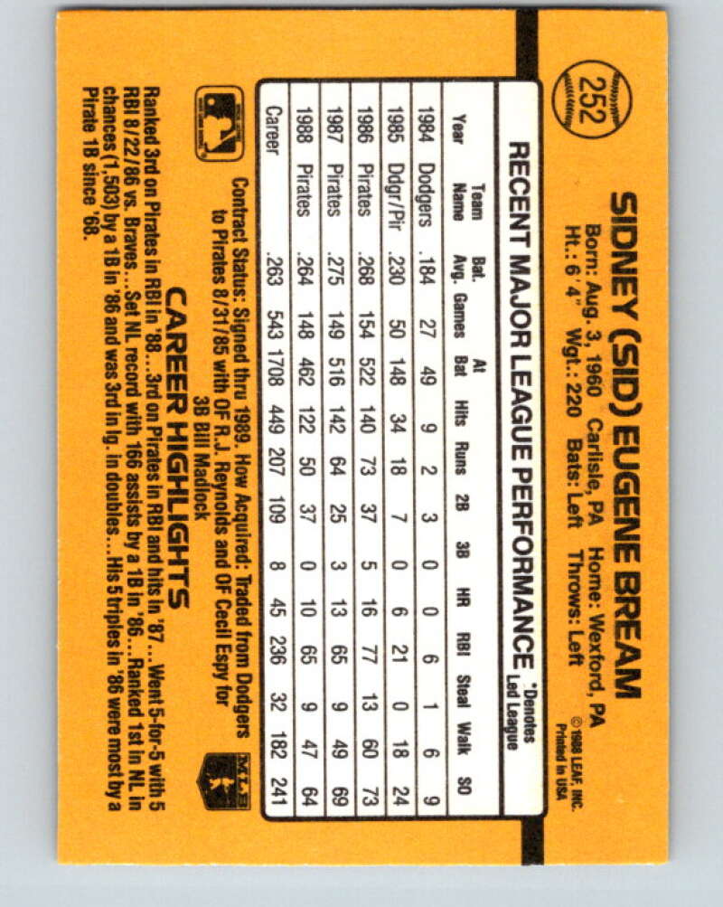 1989 Donruss #252 Sid Bream Mint Pittsburgh Pirates Image 2