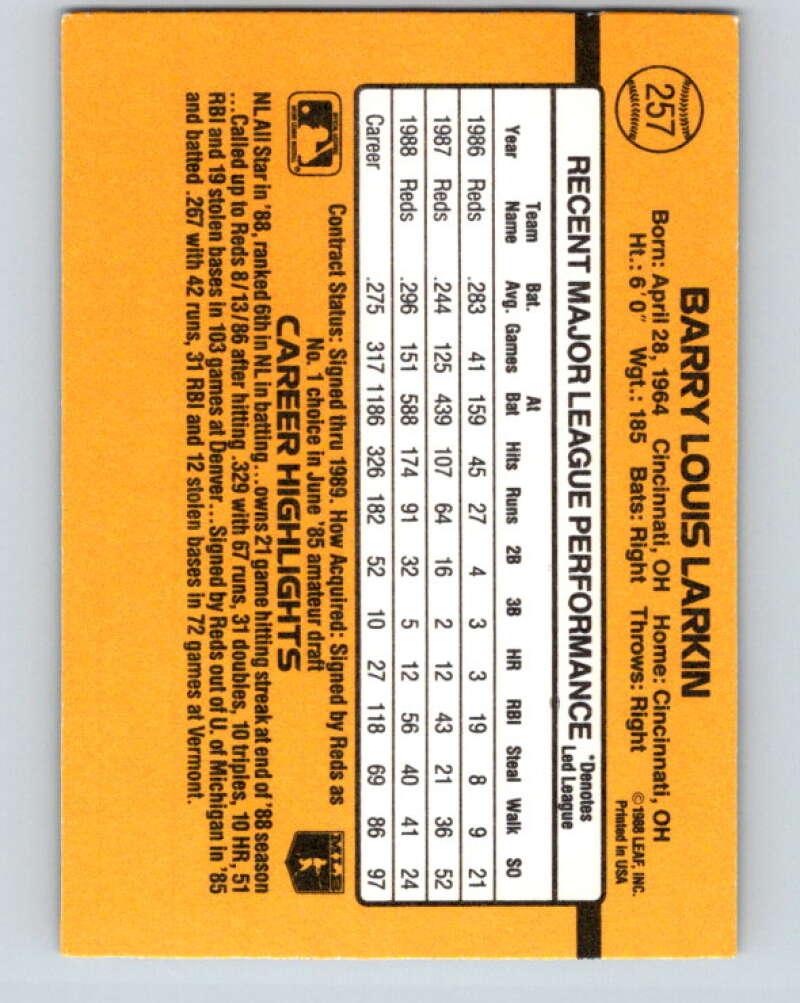 1989 Donruss #257 Barry Larkin Mint Cincinnati Reds Image 2