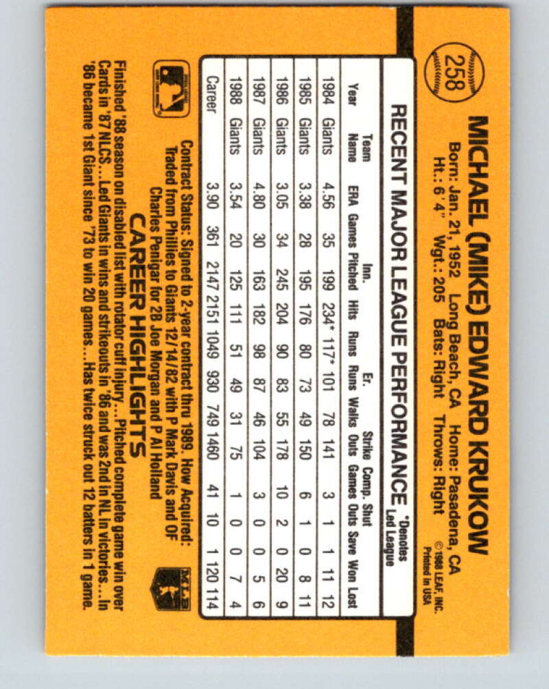 1989 Donruss #258 Mike Krukow Mint San Francisco Giants Image 2