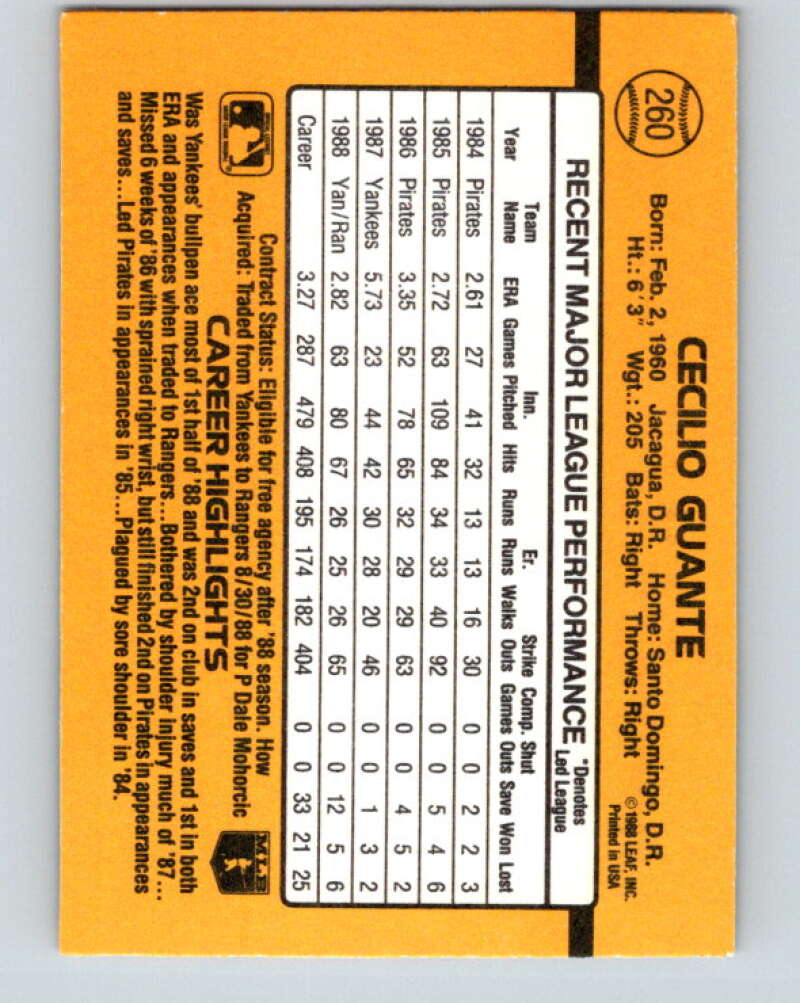1989 Donruss #260 Cecilio Guante Mint Texas Rangers Image 2