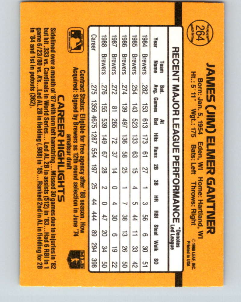 1989 Donruss #264 Jim Gantner UER Mint Milwaukee Brewers Image 2