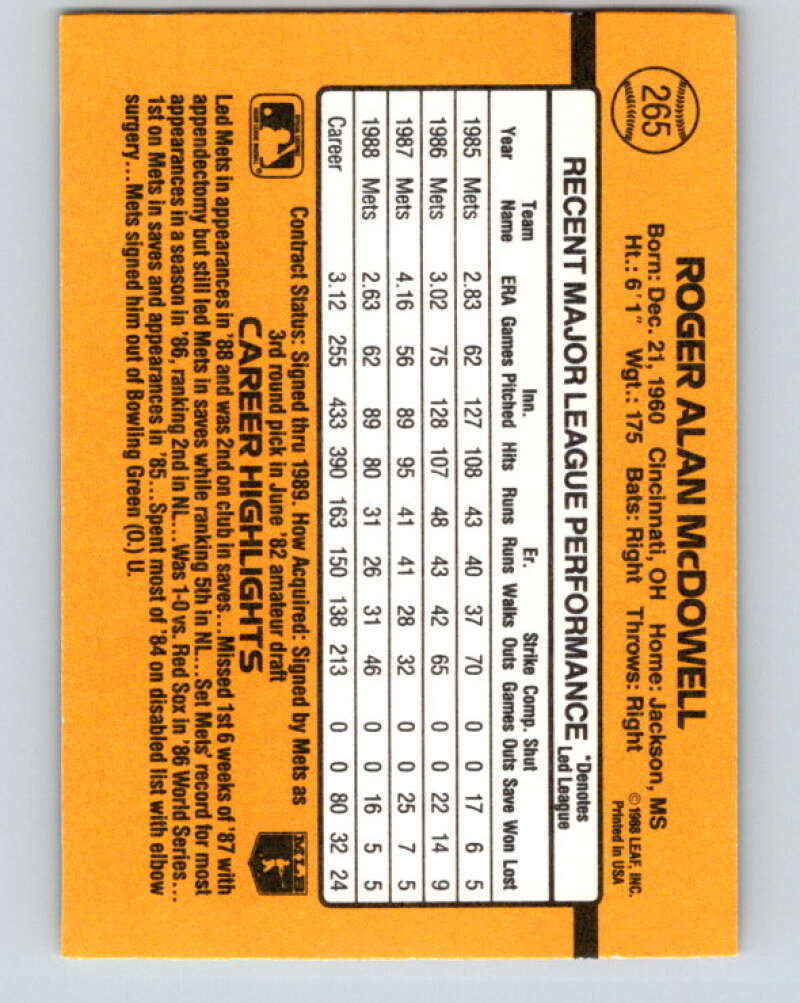 1989 Donruss #265 Roger McDowell Mint New York Mets Image 2