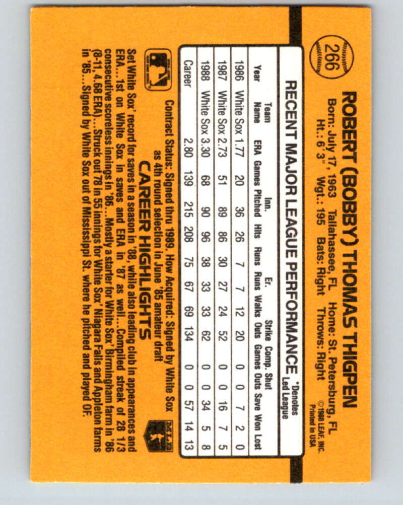 1989 Donruss #266 Bobby Thigpen Mint Chicago White Sox Image 2