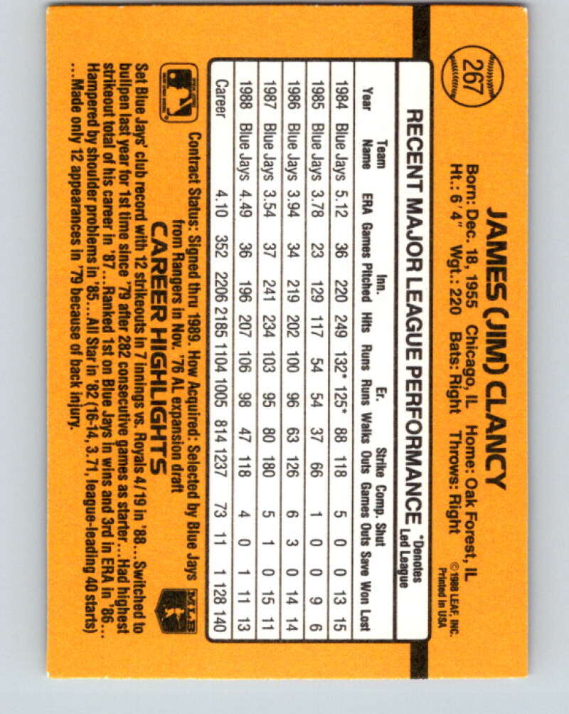 1989 Donruss #267 Jim Clancy Mint Toronto Blue Jays Image 2