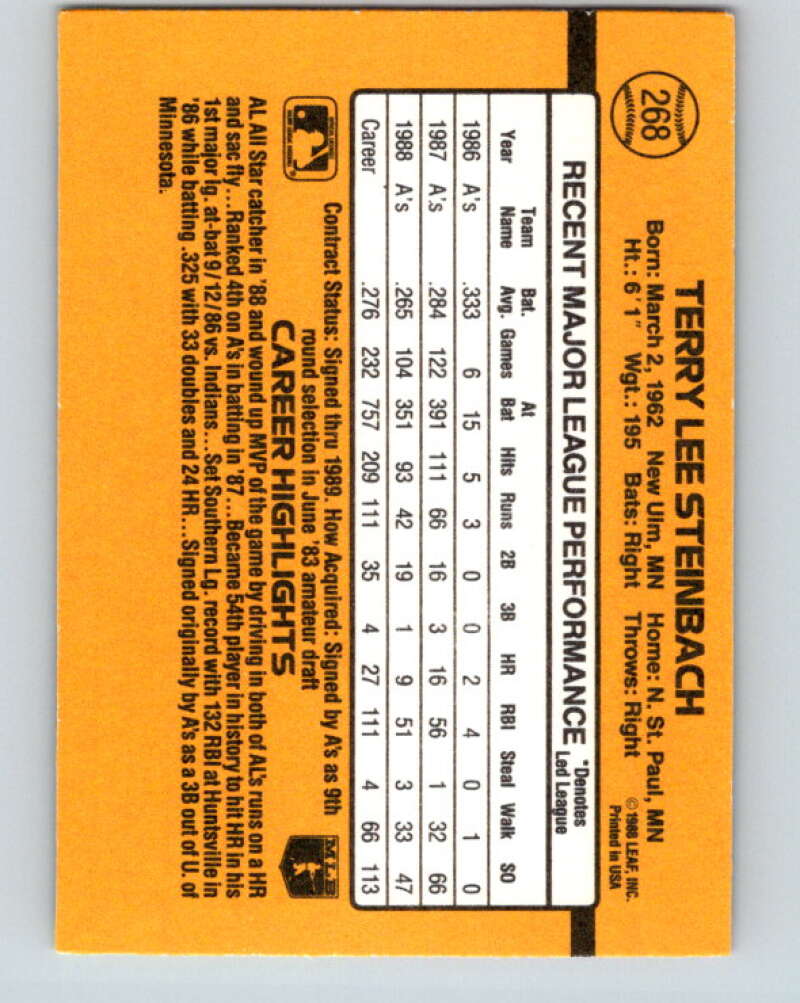 1989 Donruss #268 Terry Steinbach Mint Oakland Athletics Image 2