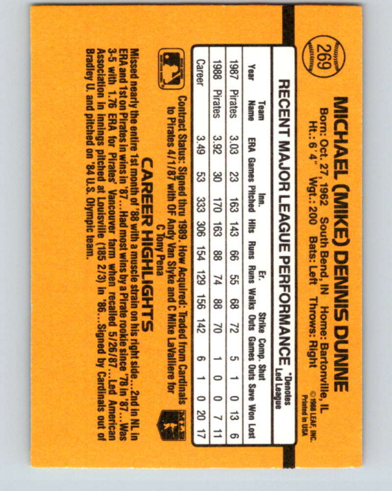 1989 Donruss #269 Mike Dunne Mint Pittsburgh Pirates Image 2