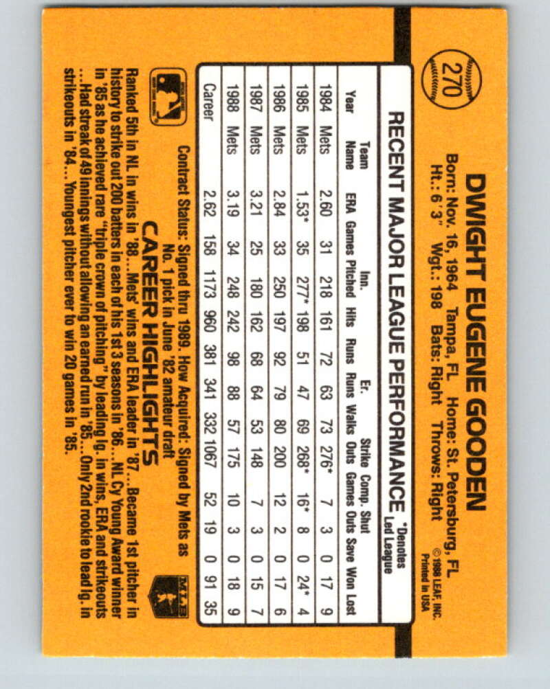 1989 Donruss #270 Dwight Gooden Mint New York Mets Image 2