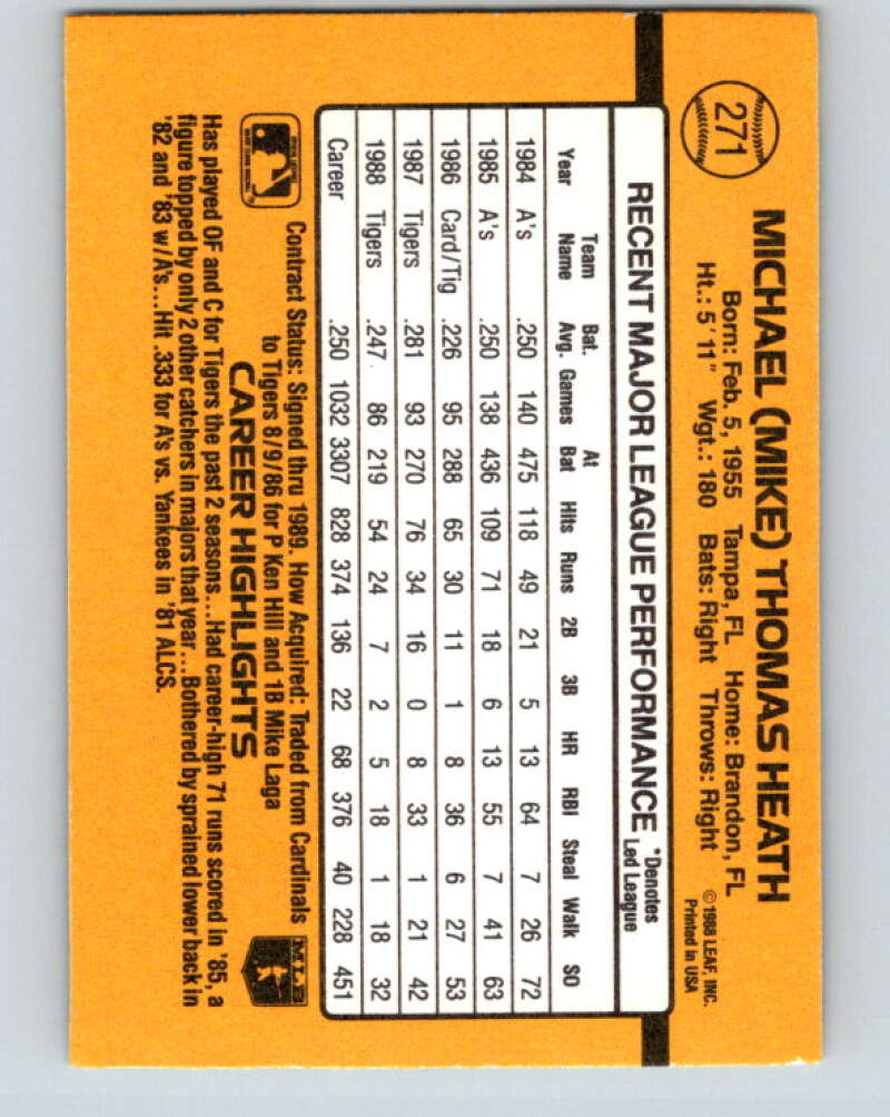 1989 Donruss #271 Mike Heath Mint Detroit Tigers Image 2