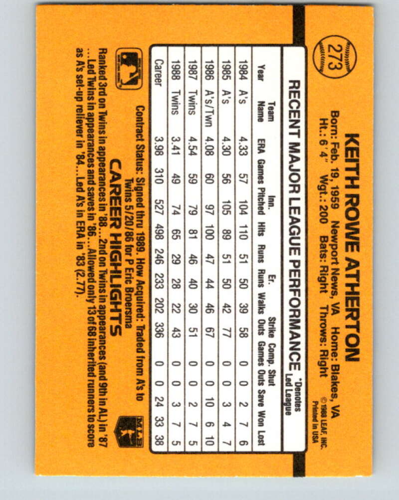1989 Donruss #273 Keith Atherton Mint Minnesota Twins Image 2