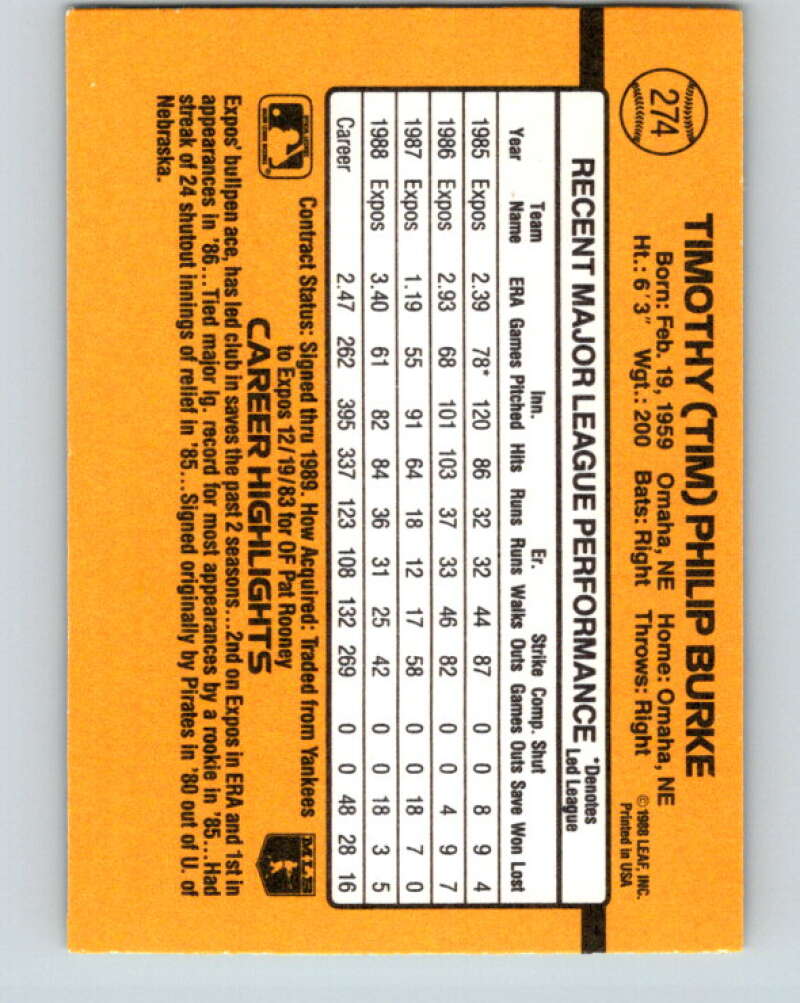1989 Donruss #274 Tim Burke Mint Montreal Expos Image 2