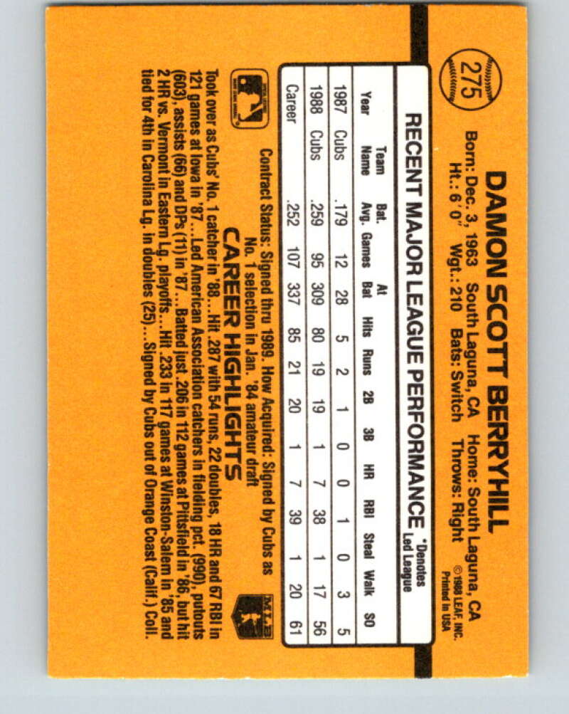 1989 Donruss #275 Damon Berryhill Mint Chicago Cubs Image 2