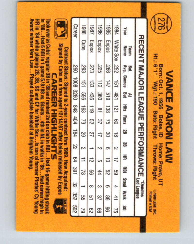 1989 Donruss #276 Vance Law Mint Chicago Cubs Image 2