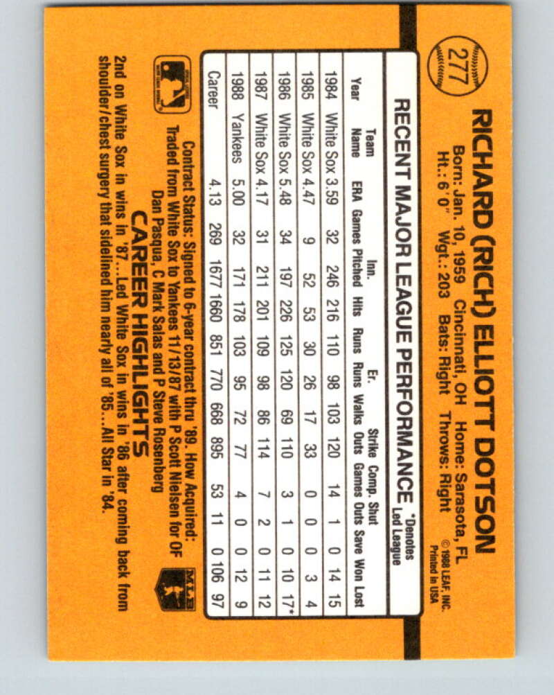 1989 Donruss #277 Richard Dotson Mint New York Yankees Image 2