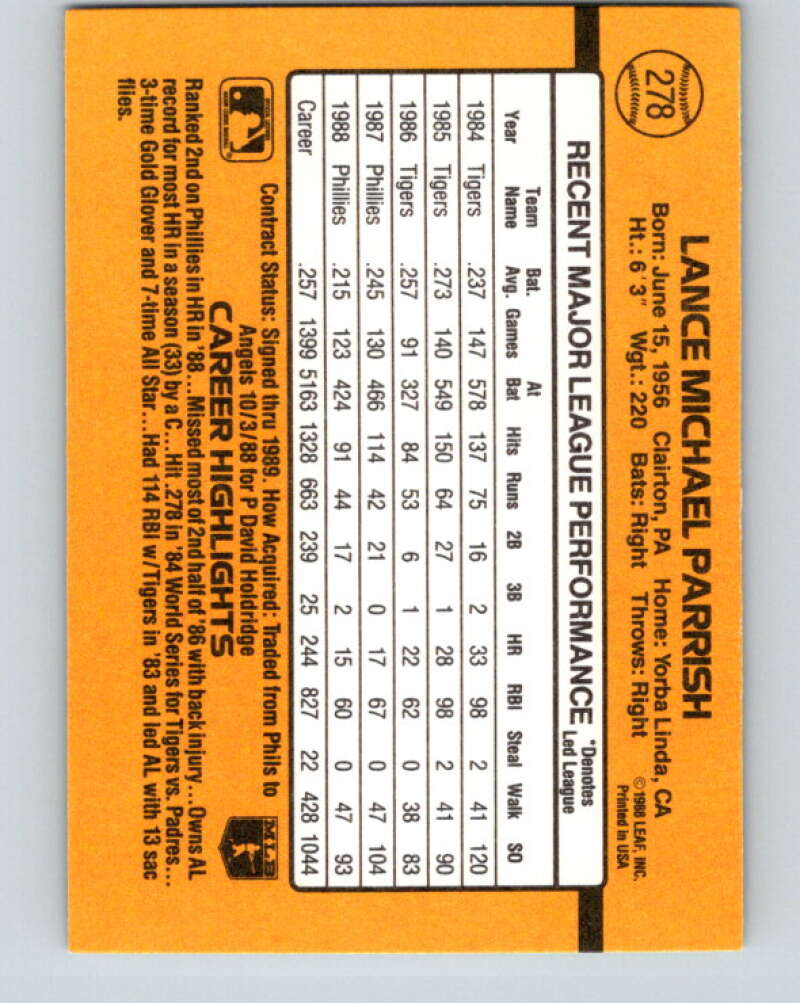1989 Donruss #278 Lance Parrish Mint Philadelphia Phillies Image 2