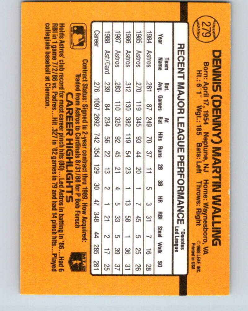 1989 Donruss #279 Denny Walling Mint St. Louis Cardinals Image 2