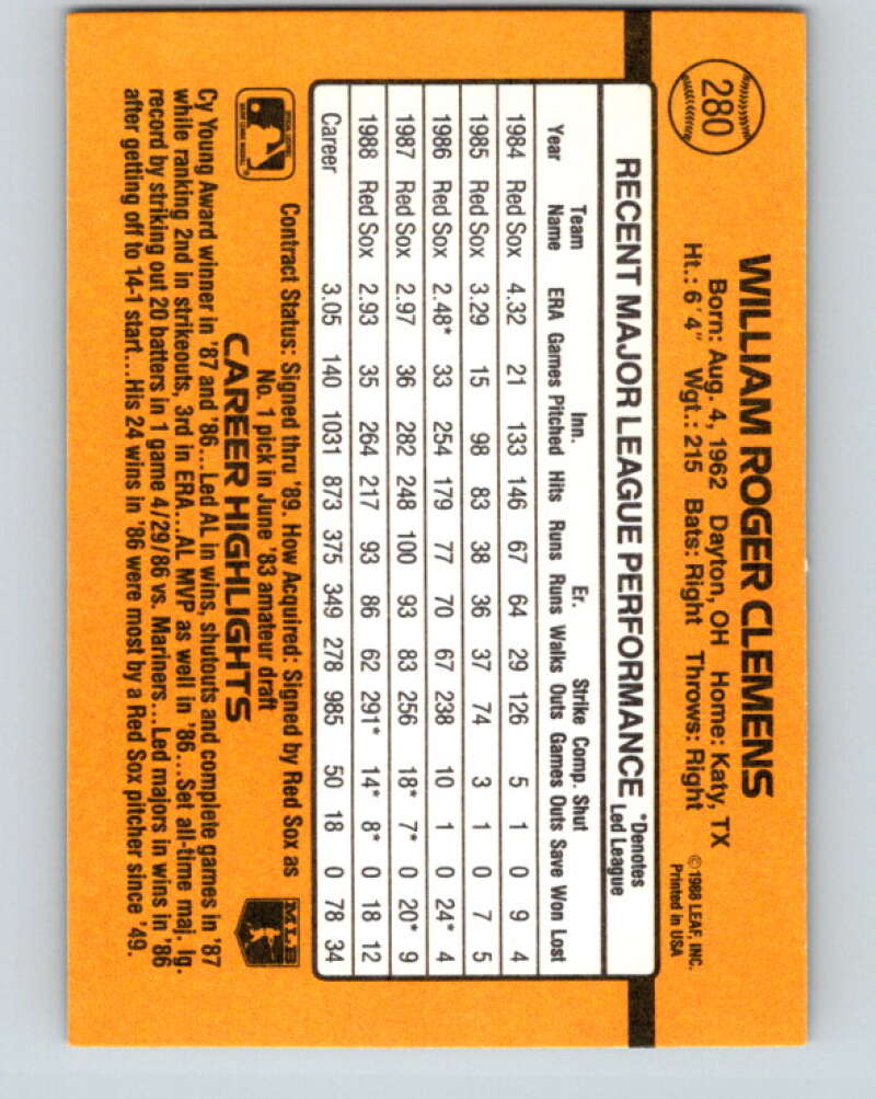 1989 Donruss #280 Roger Clemens Mint Boston Red Sox Image 2