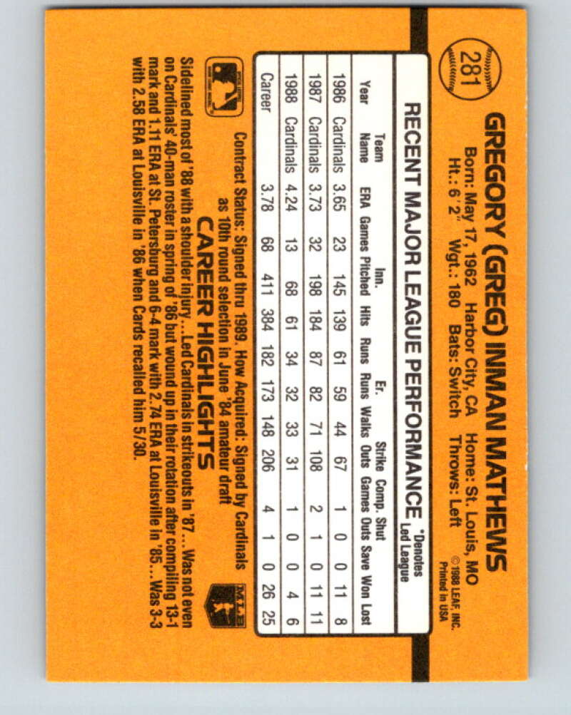 1989 Donruss #281 Greg Mathews Mint St. Louis Cardinals Image 2