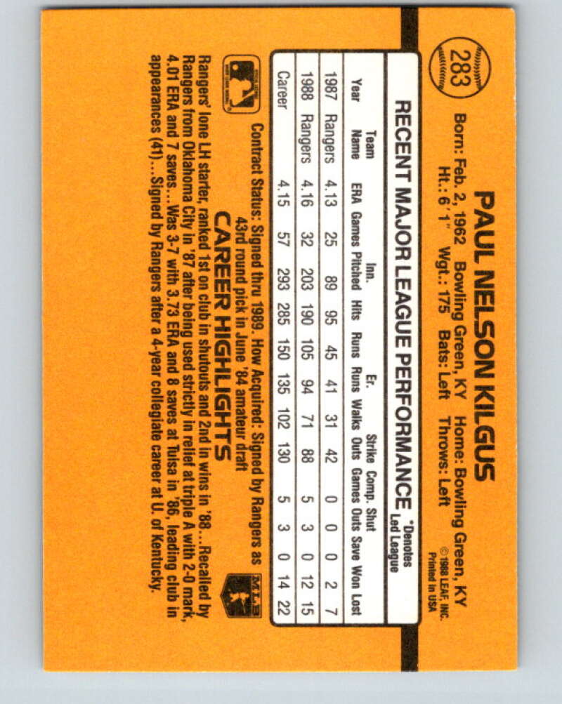 1989 Donruss #283 Paul Kilgus Mint Texas Rangers Image 2